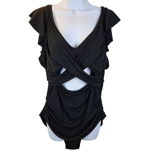 B2prity Womens Ribbed One Piece Swimsuit Ruffle Cutout Wrap Size 2XL Black - Picture 4 of 8